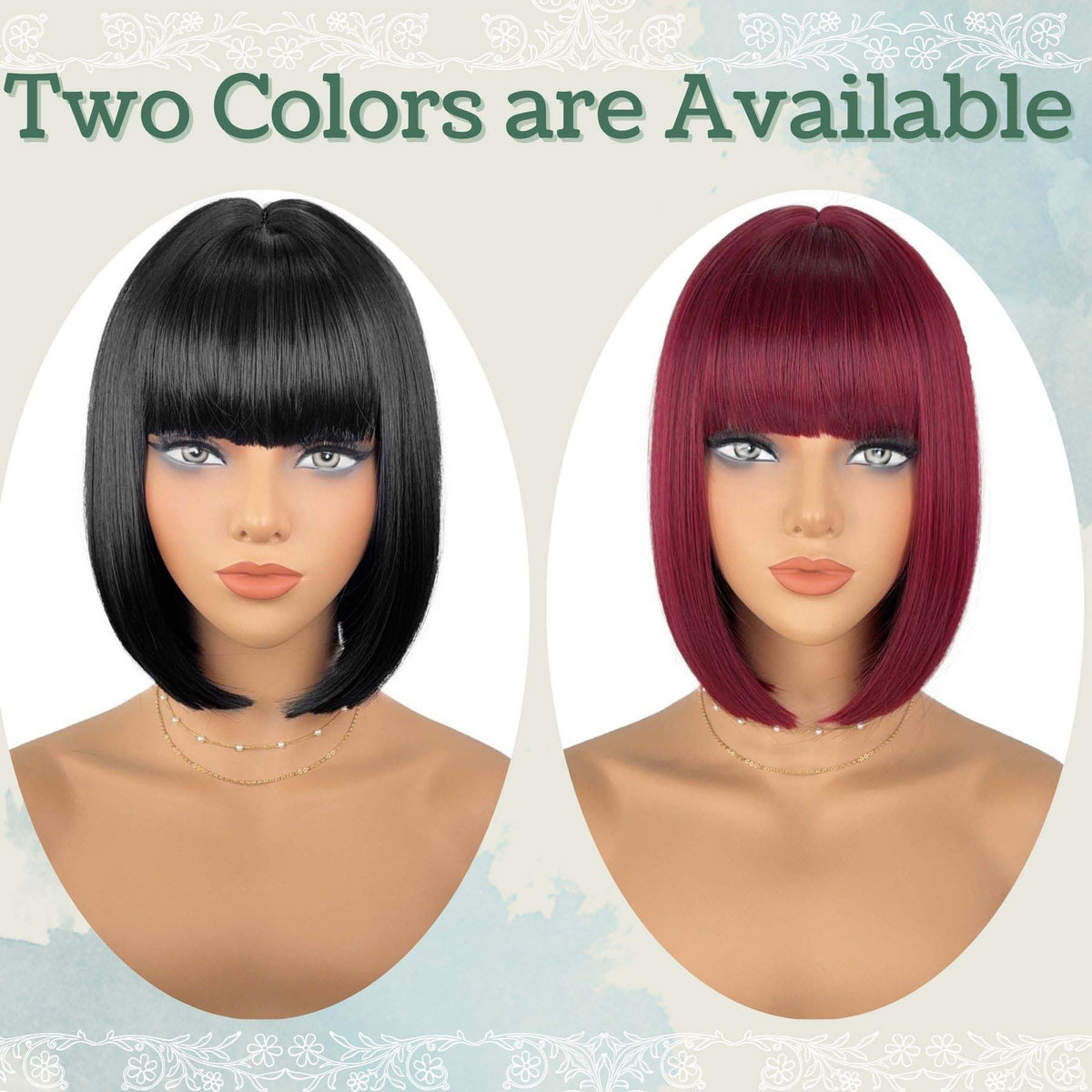 Two colors available – Jet Black and Burgundy bob wig comparison