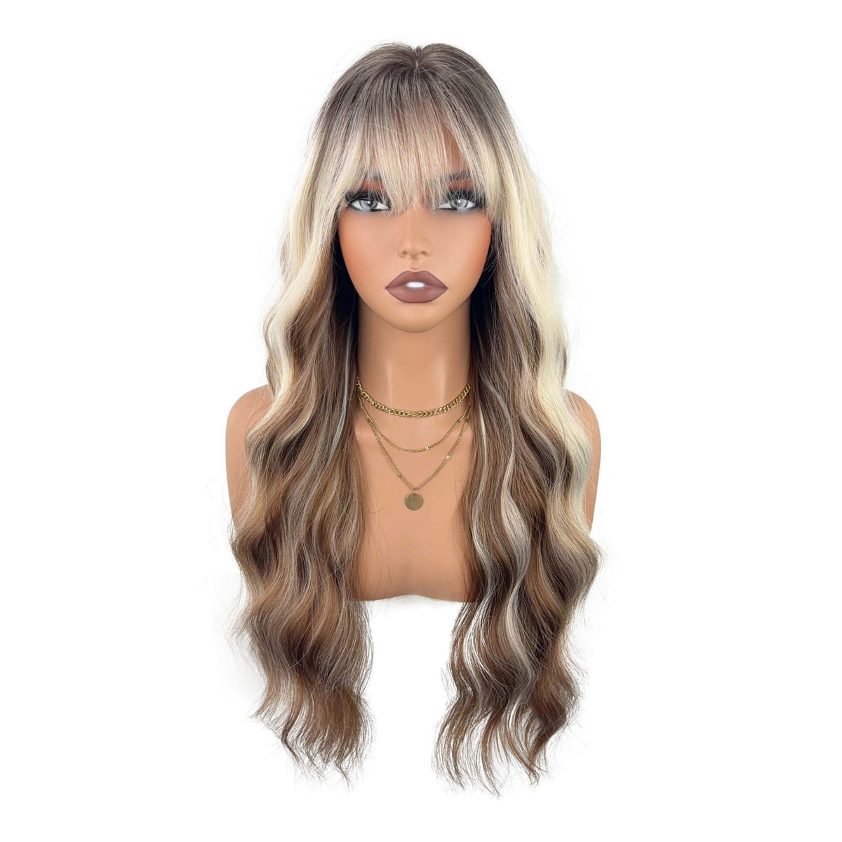 Long wavy highlight wig with bangs - wearing display collage