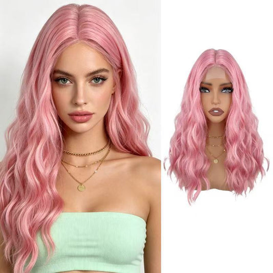 Long wavy lace front wig in candy pink