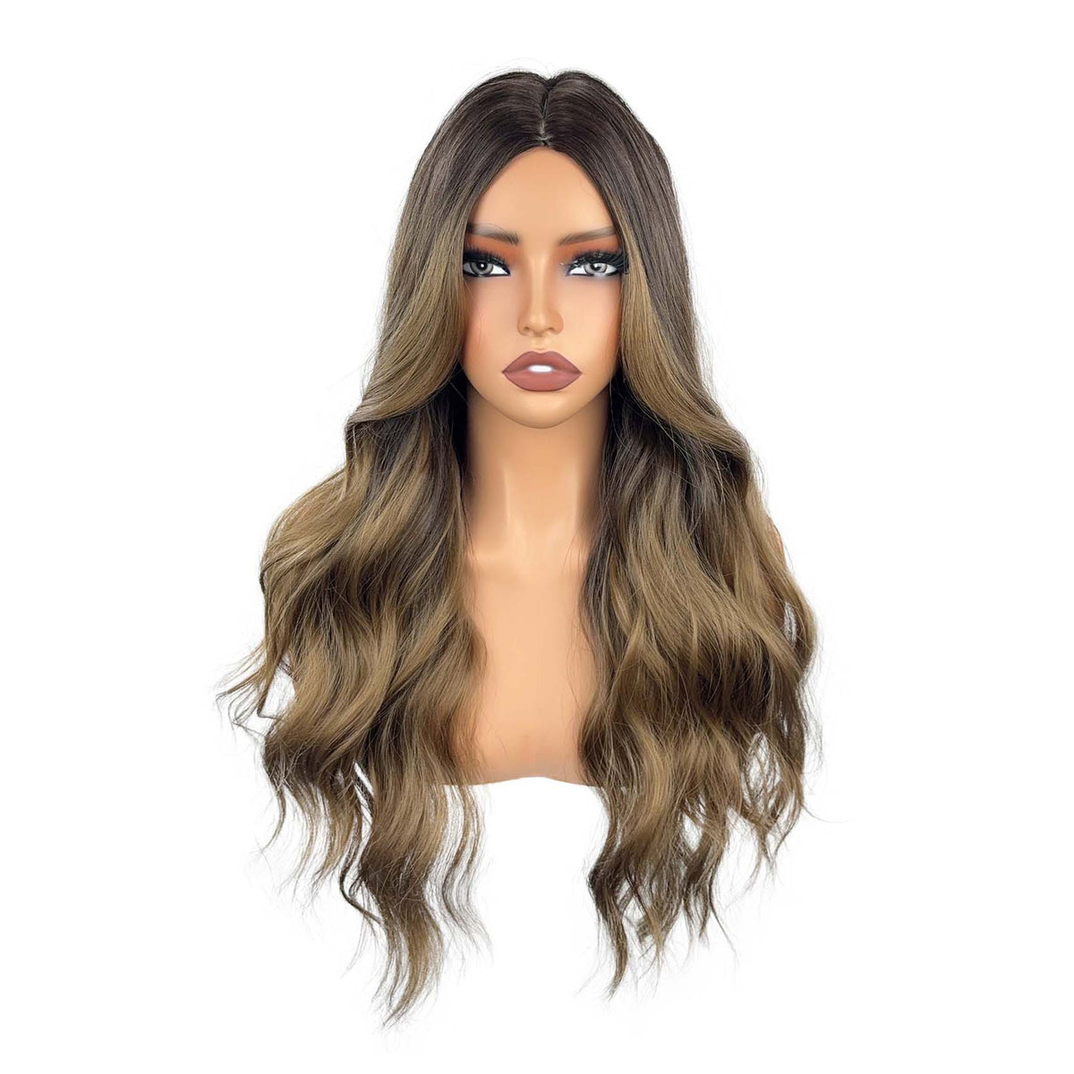 Long Wavy Ombre Brown Highlight Wig - Front View 3