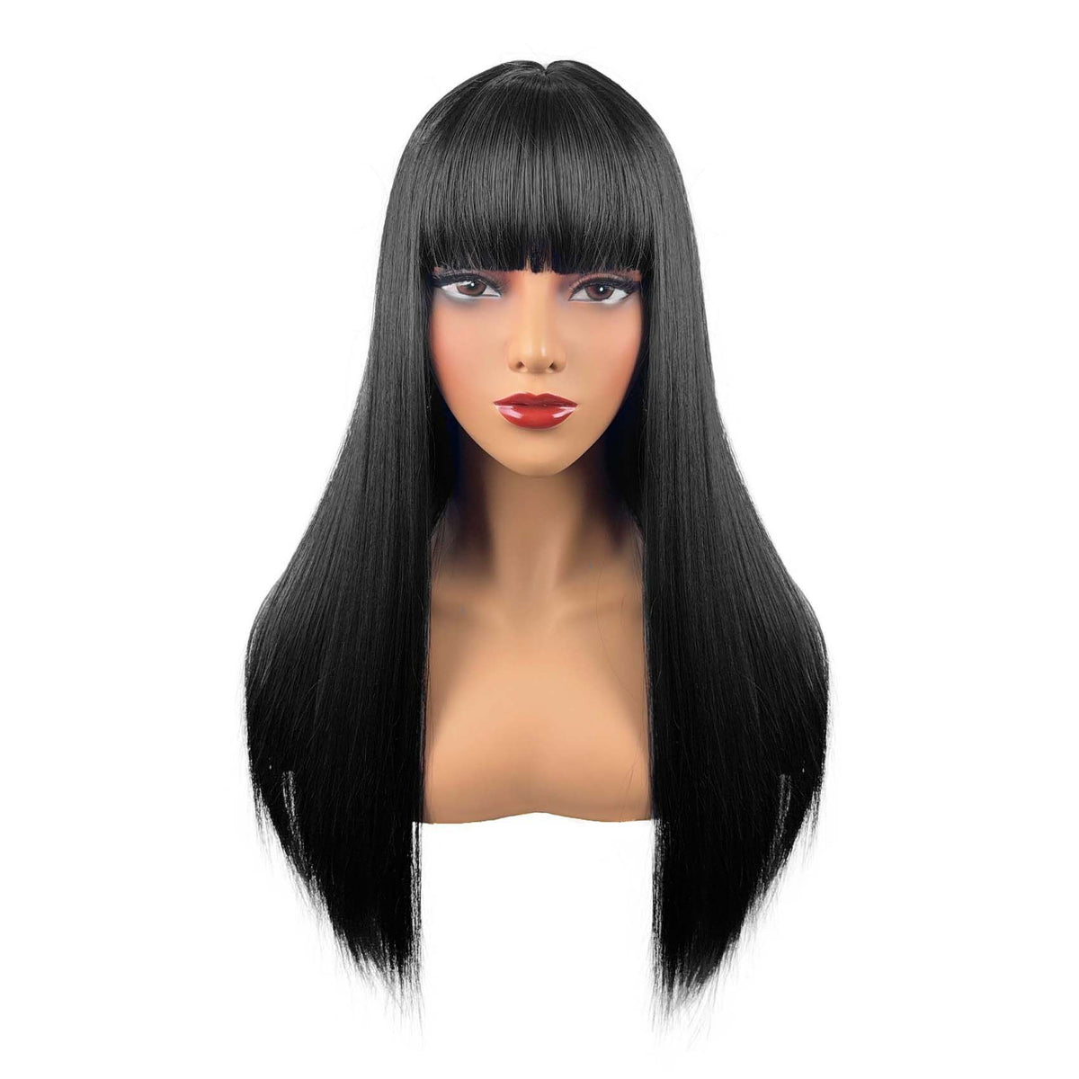 Long Straight Black Wig with Bangs – front view on mannequin, white background (variant 3)