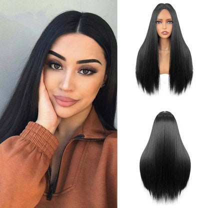 Long Straight Wig - Jet Black, lifestyle model shot side