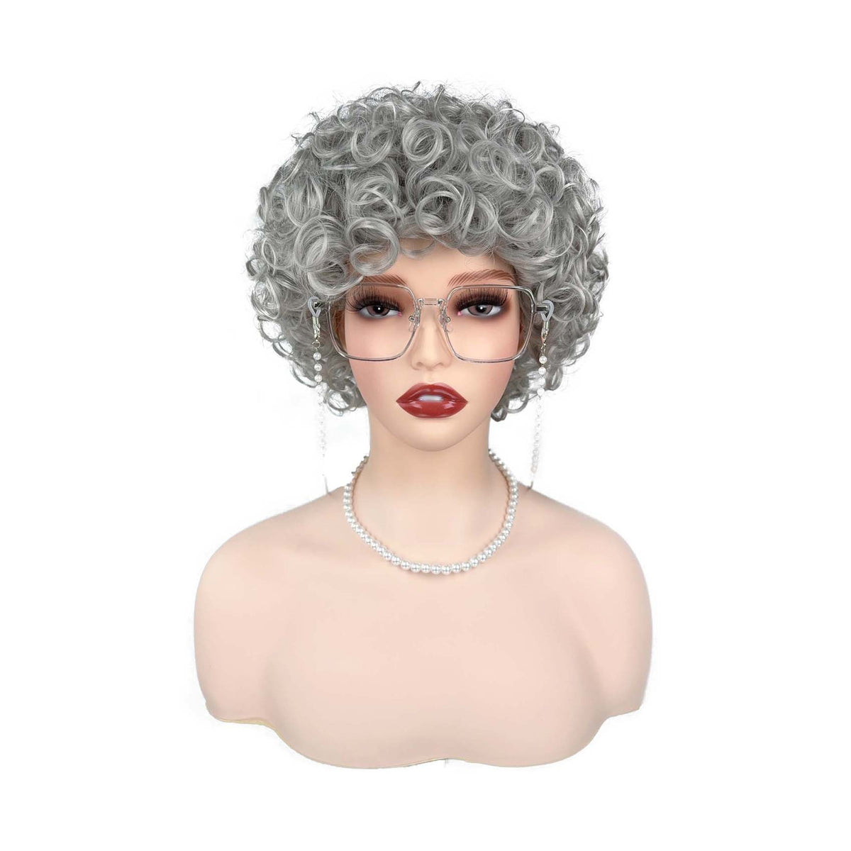 Short curly afro wig in silver grey color, front view on mannequin