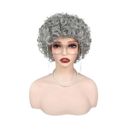 Short curly afro wig in silver grey color, front view on mannequin