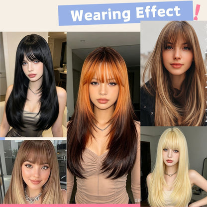 Long straight wig – dark black with fine gray highlights, close-up texture