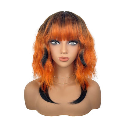 Orange black wavy bob wig on mannequin - side view
