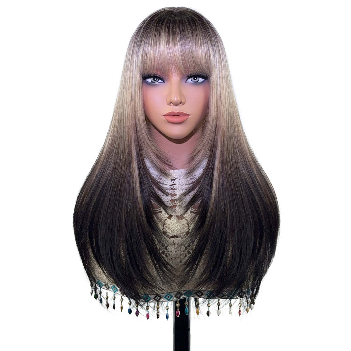 Long straight wig with bangs – ash blonde ombre on mannequin