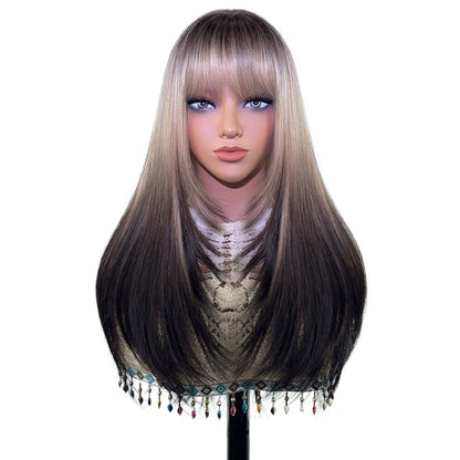 Long straight wig with bangs – ash blonde ombre on mannequin