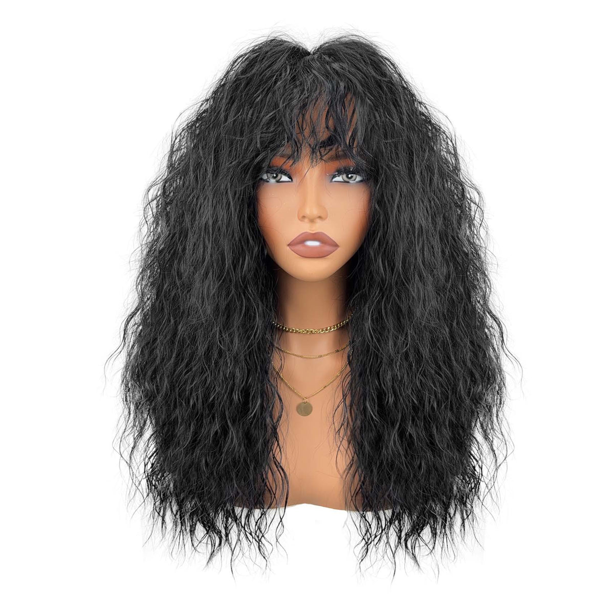 Dark black long curly wig with bangs – mannequin front view