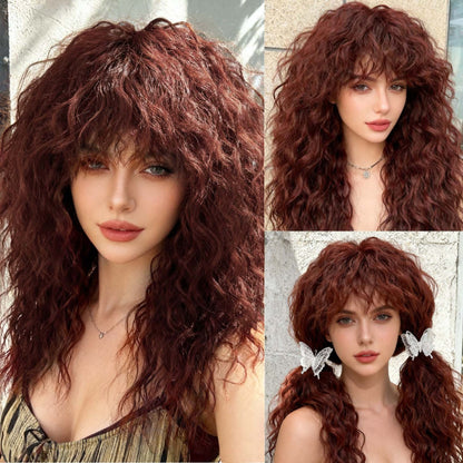 Dark burgundy red long curly wig with bangs – lifestyle shots
