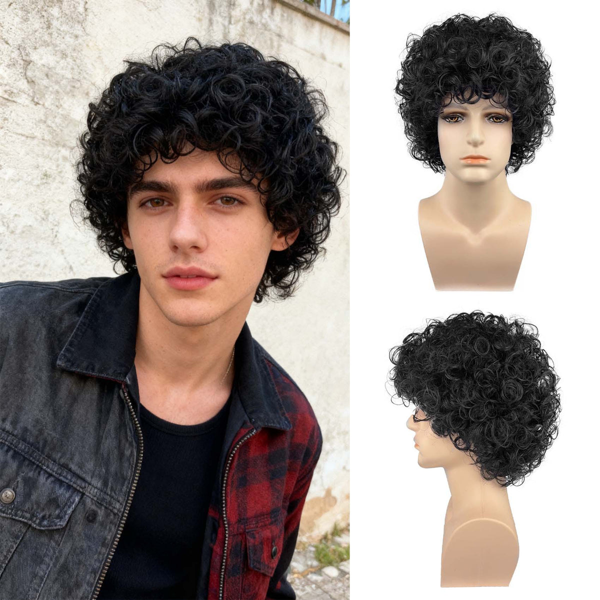Short curly wig natural black side and back view