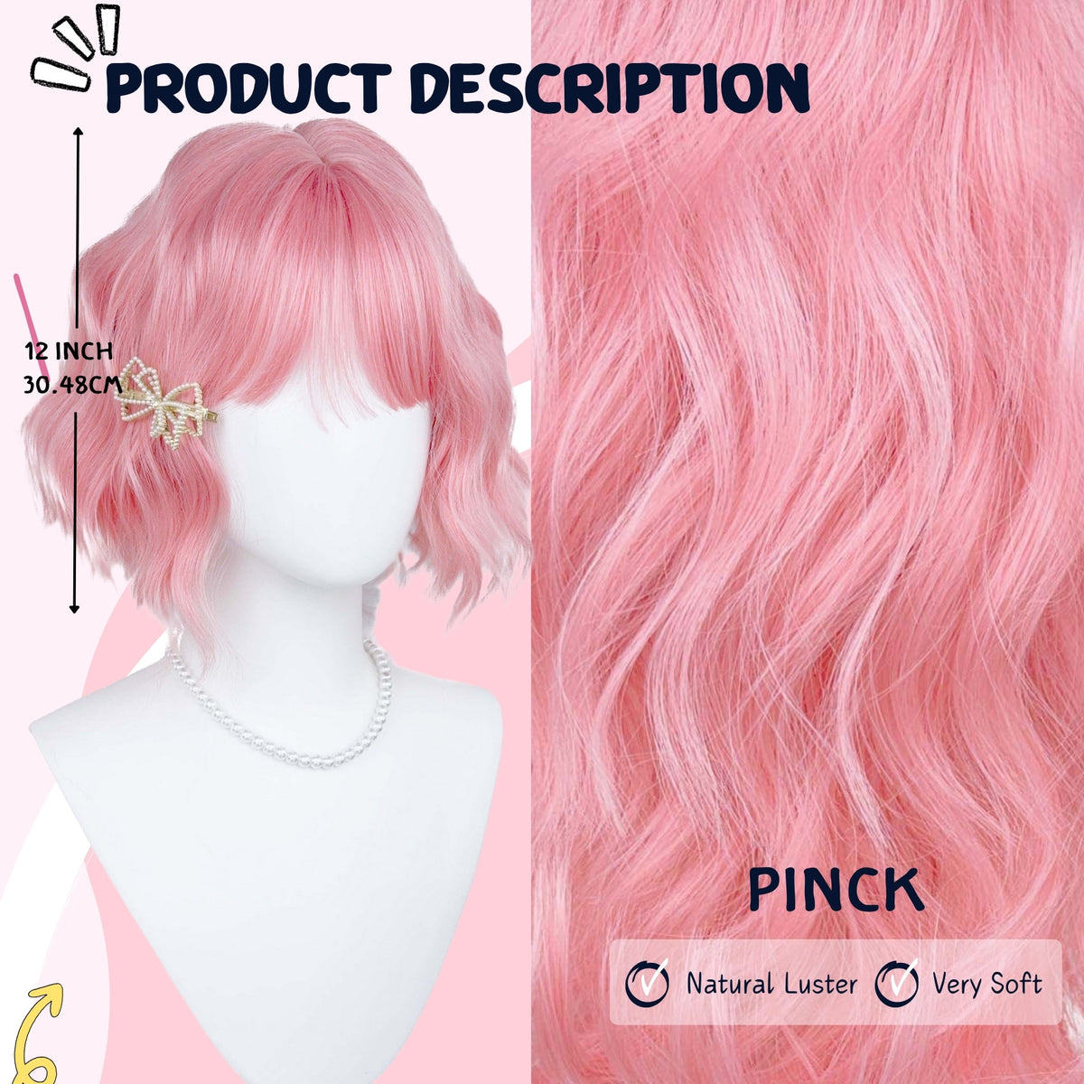 Pink Short Wavy Bob Wig - Product Description, 12 inch length