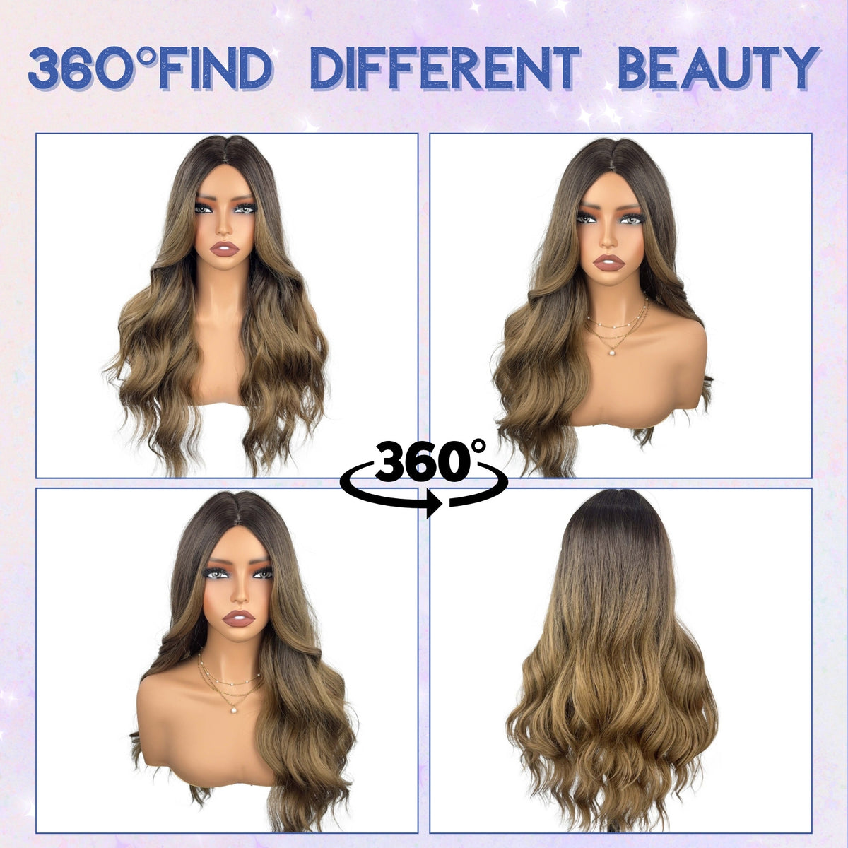 Long Wavy Ombre Brown Highlight Wig - 360 View