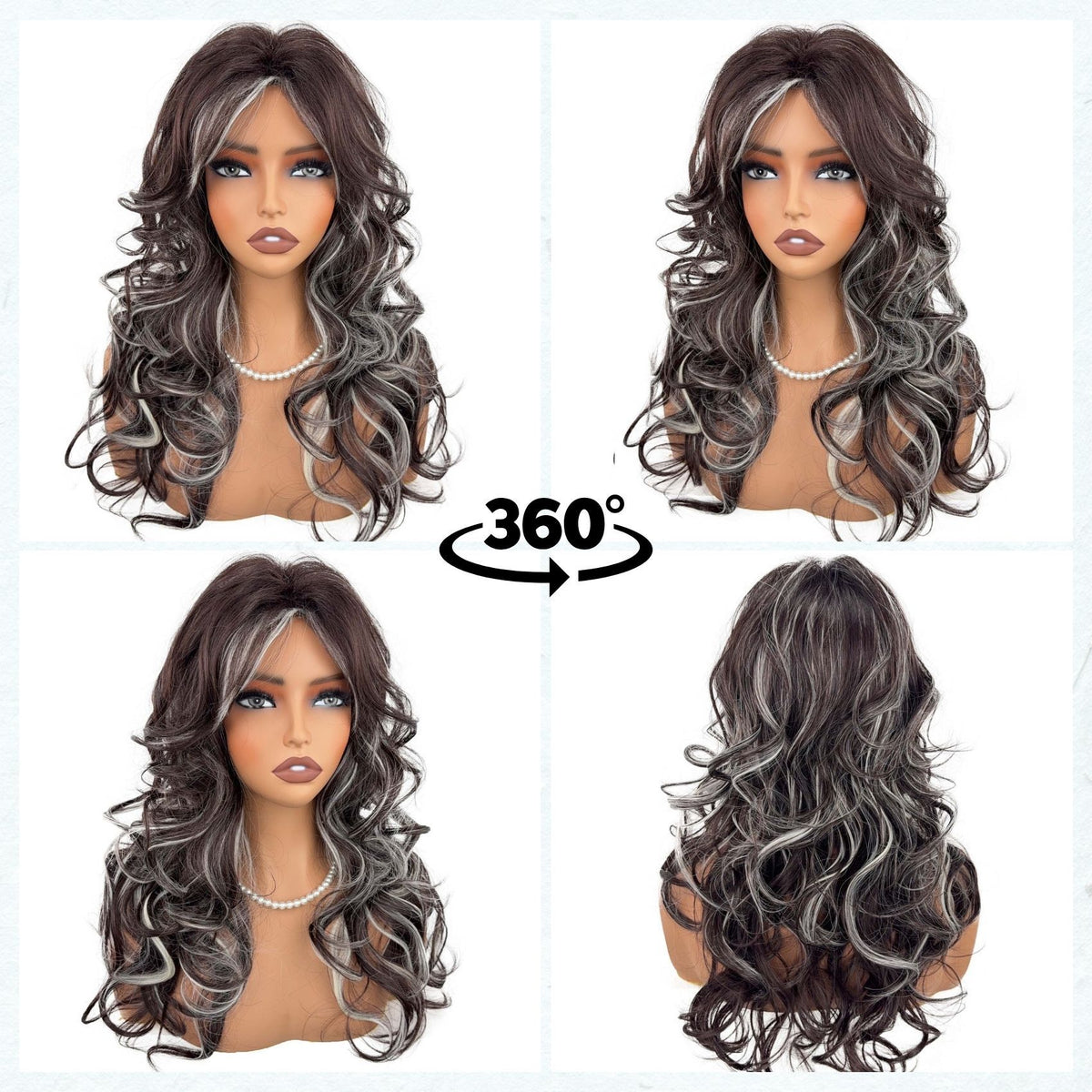 Lifestyle and detail view - Long Curly Brown Silver Highlight Wig