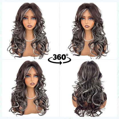 Lifestyle and detail view - Long Curly Brown Silver Highlight Wig