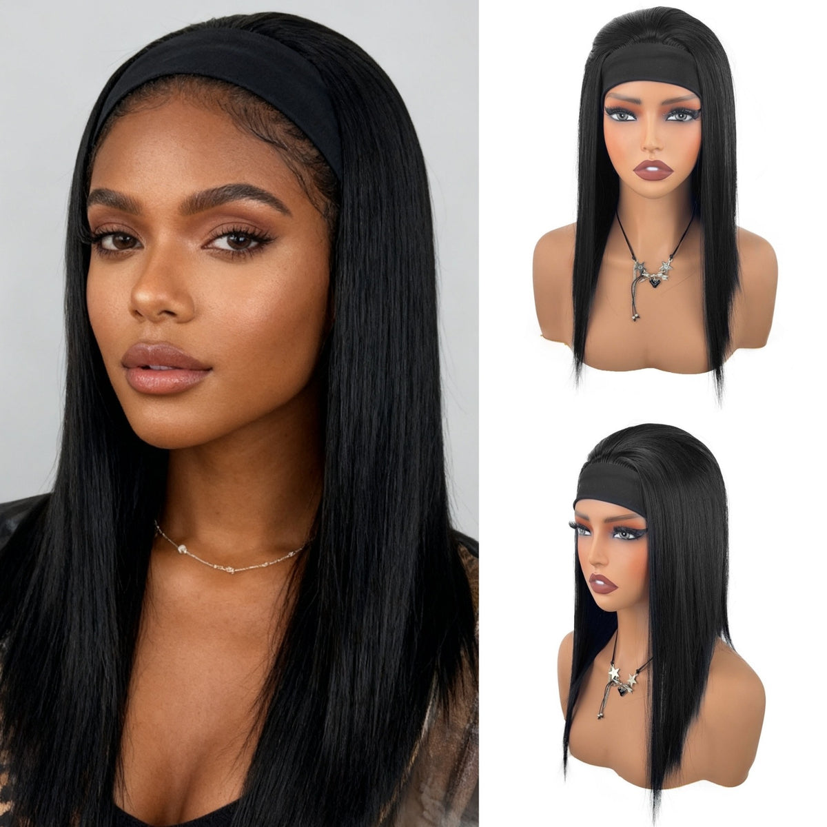 Model wearing straight headband wig jet black – lifestyle shot
