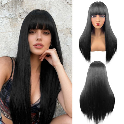Long Straight Black Wig with Bangs – lifestyle photo, model against stone wall