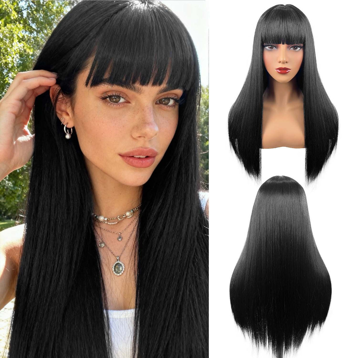 Long Straight Black Wig with Bangs – lifestyle photo, model wearing outdoors