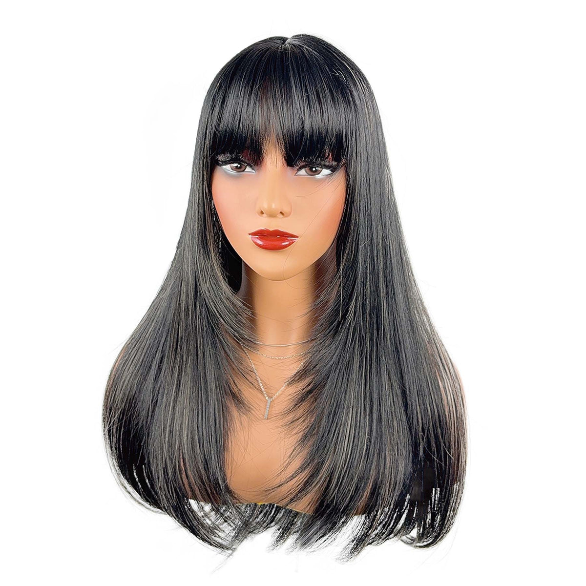 Long straight wig with bangs – natural black base with shimmer highlights