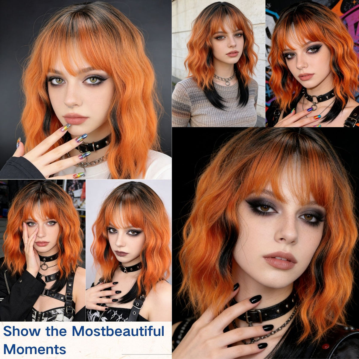 Model wearing orange black wavy bob wig - lifestyle collage