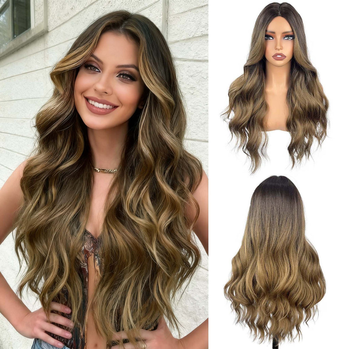 Long Wavy Ombre Brown Highlight Wig - Front View