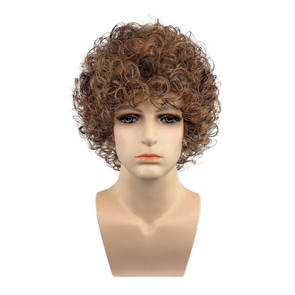 Short curly wig brown highlight front view on mannequin