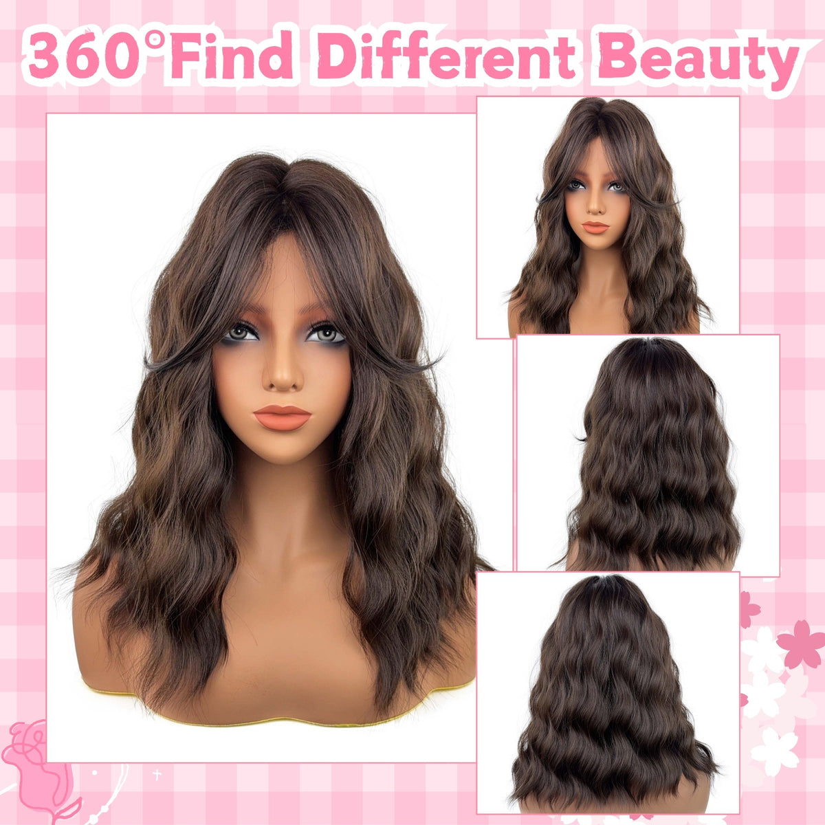 Wavy brown wig – 360 degree view collage on mannequin