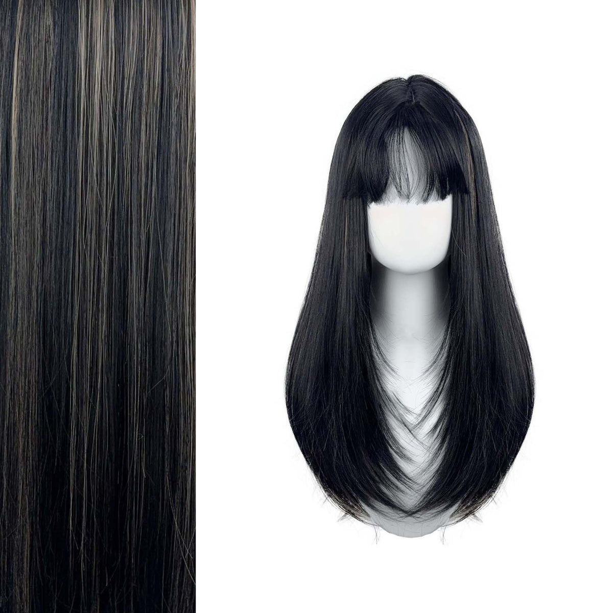 Long straight wig with bangs – additional color variant on mannequin