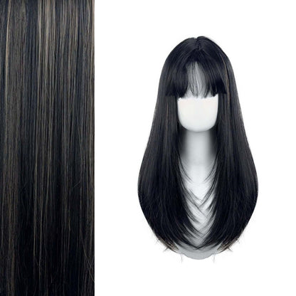 Long straight wig with bangs – additional color variant on mannequin