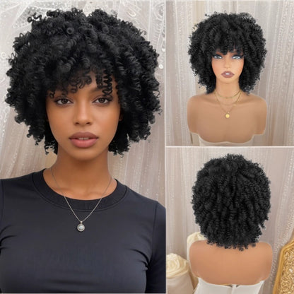 Short Afro Kinky Curly Wig - Natural Black, worn by model showing front and back