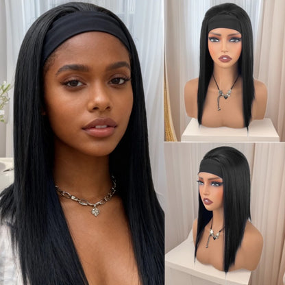 Straight headband wig jet black – front view on mannequin, white background