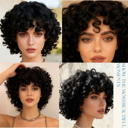 Short curly wig lifestyle model shots – 4 angles