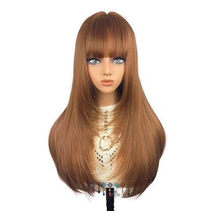 Long straight black wig with bangs – model and mannequin view