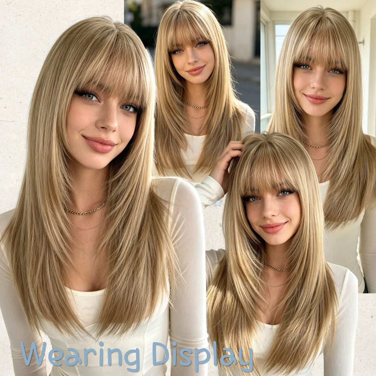 Long layered blonde wig with bangs – front view close-up on mannequin