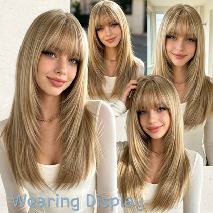 Long layered blonde wig with bangs – front view close-up on mannequin
