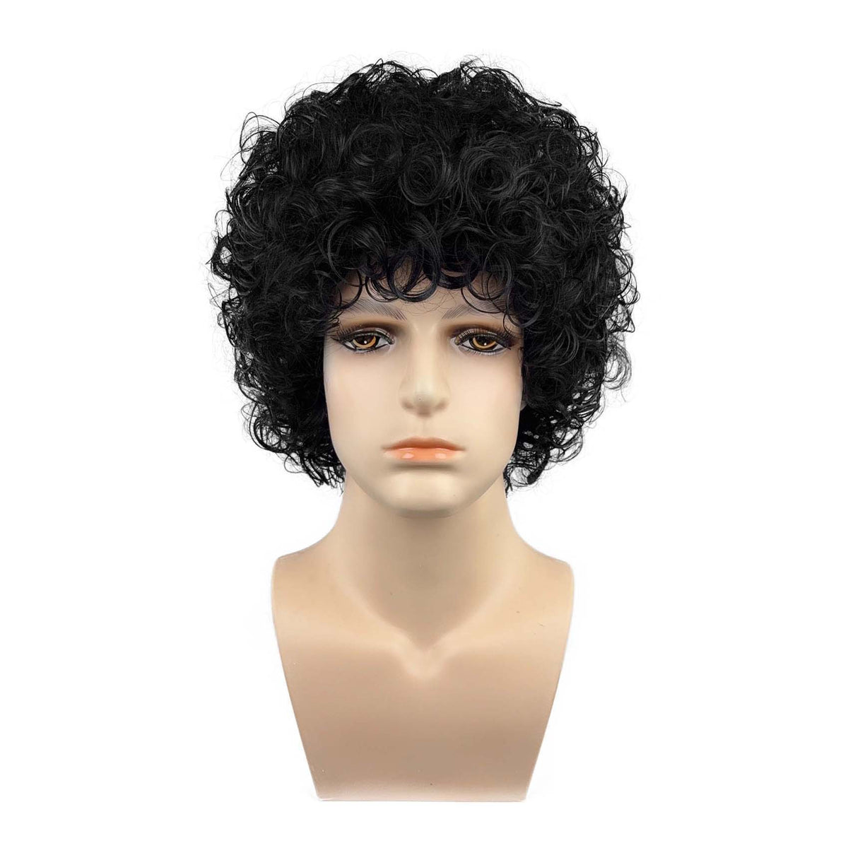Short curly wig natural black front view close-up