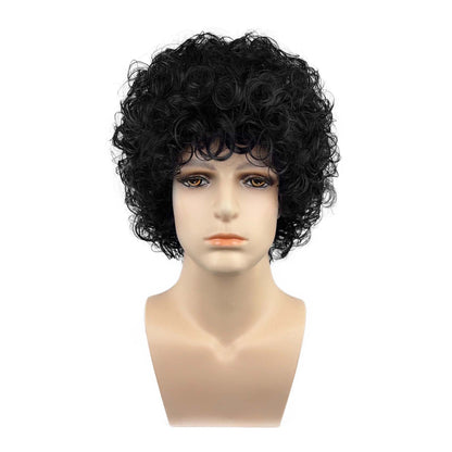 Short curly wig natural black front view close-up