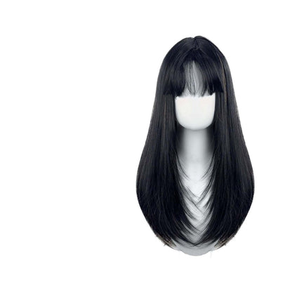Long straight wig with bangs – dark black with silver gray highlights on mannequin