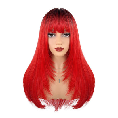 Long straight wig with bangs – black roots to silver gray ombre on mannequin
