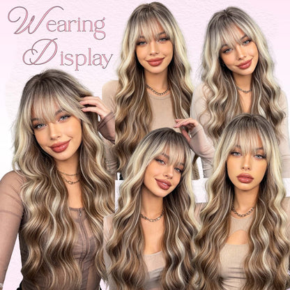 Long wavy brown blonde highlight wig with bangs - front view 2