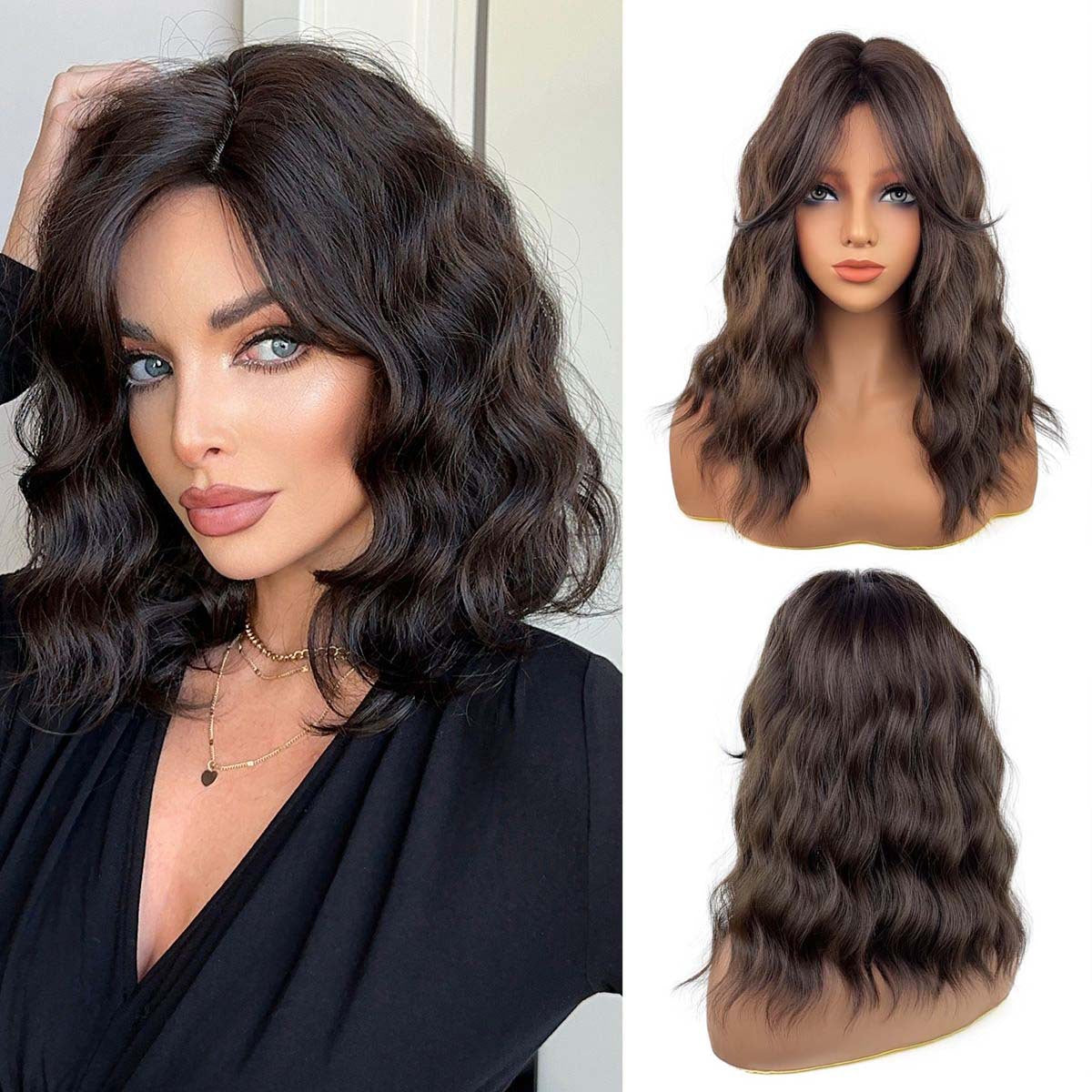 Wavy dark brown wig worn by model in black outfit – lifestyle shot