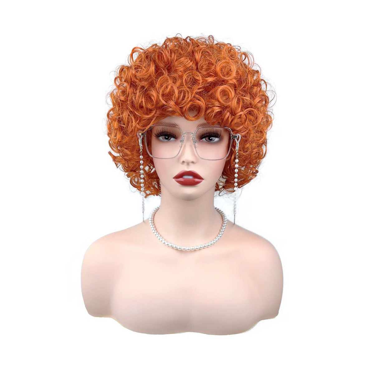 Short curly afro wig in ginger orange color, front view on mannequin