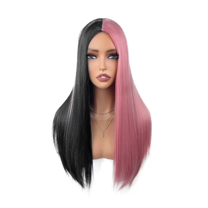 Long Straight Wig - Jet Black, close-up front on mannequin