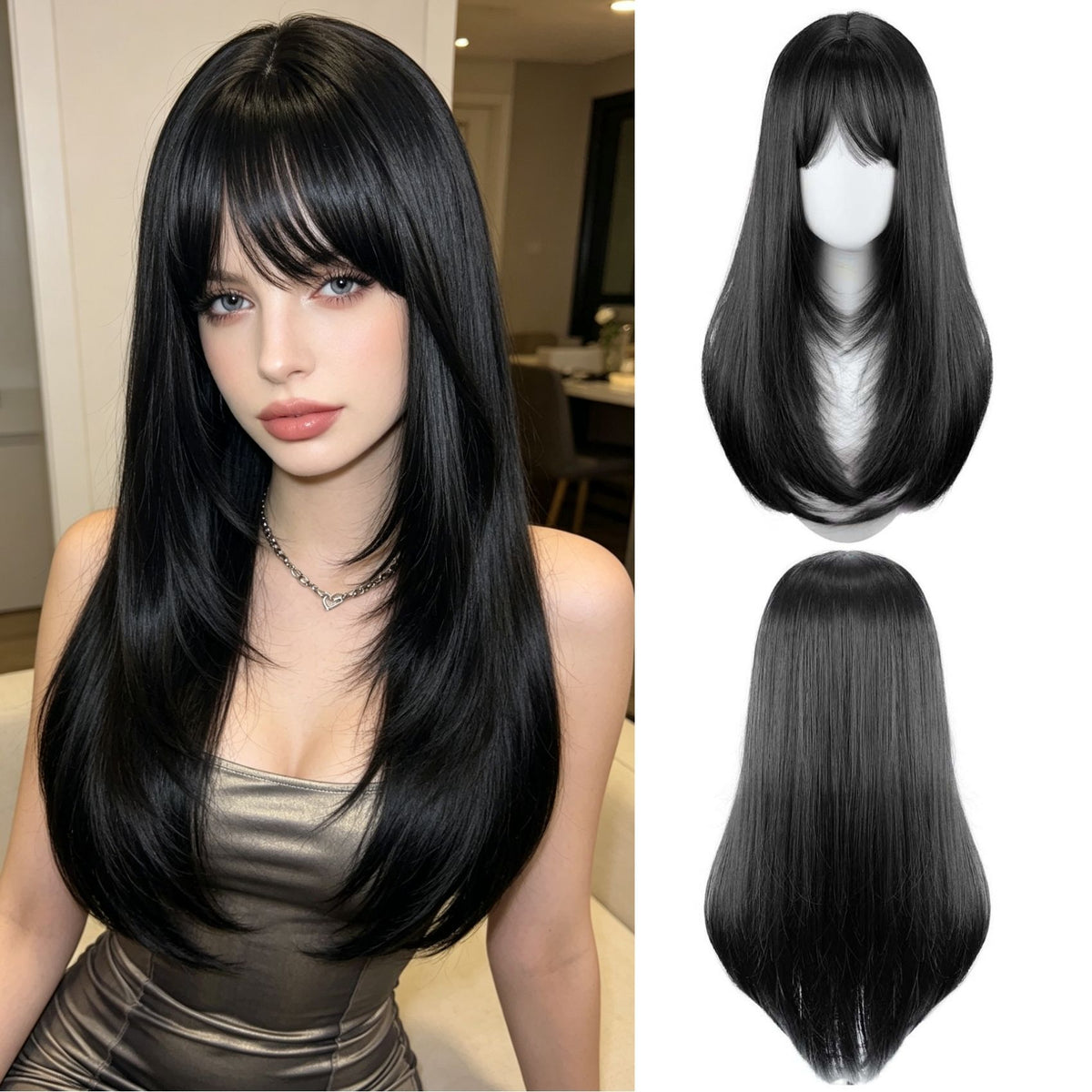 Long straight wig with bangs – orange to dark brown ombre on mannequin