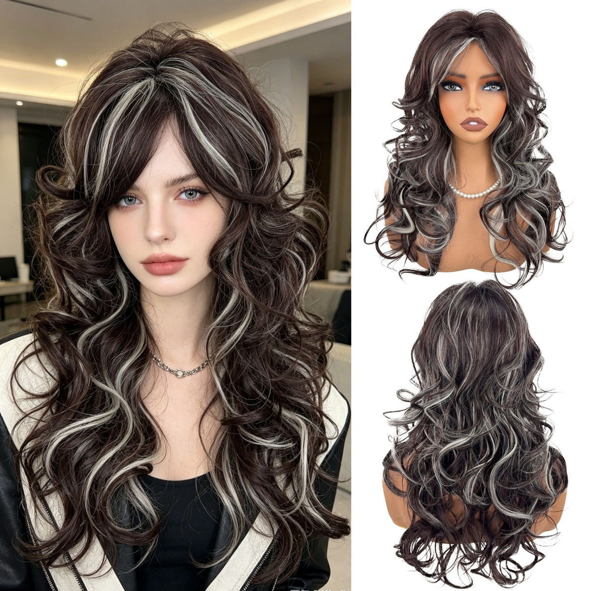 360 degree view - Long Curly Brown Silver Highlight Wig