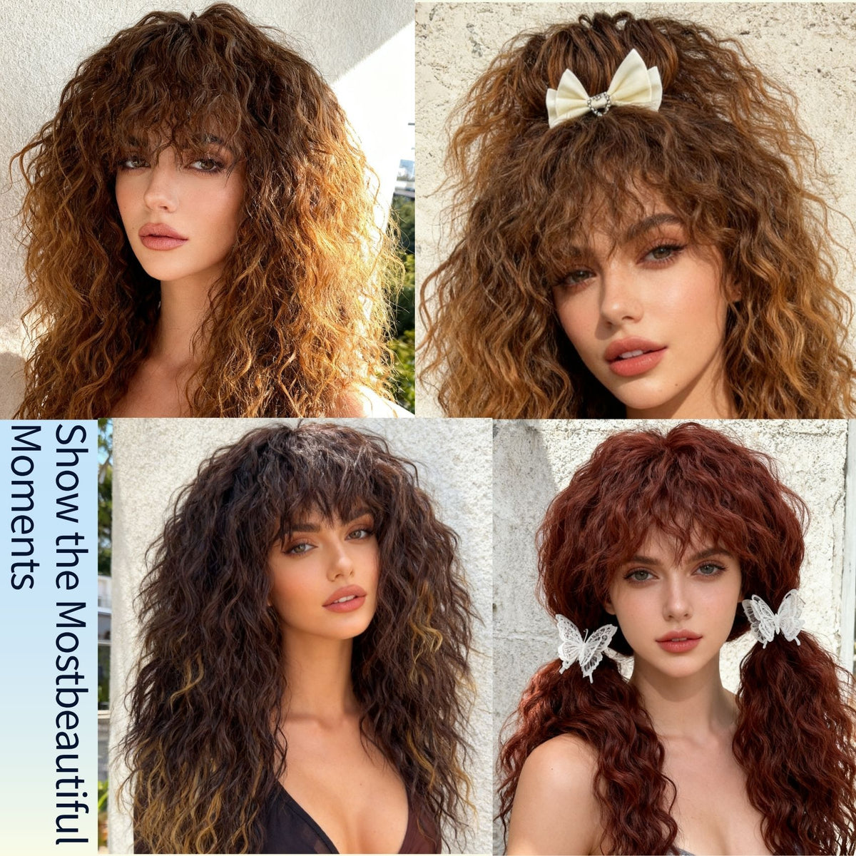 Long curly wig with bangs – multi-color style showcase