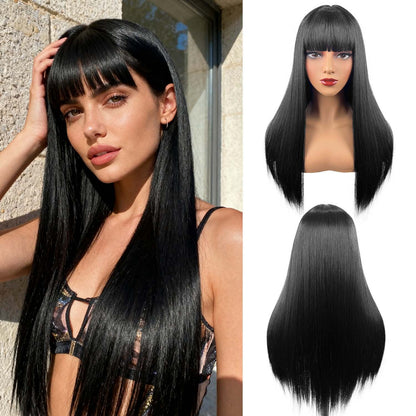 Long Straight Black Wig with Bangs – lifestyle photo, model in sunlight