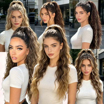 Long curly dark brown ombre ponytail extension side view