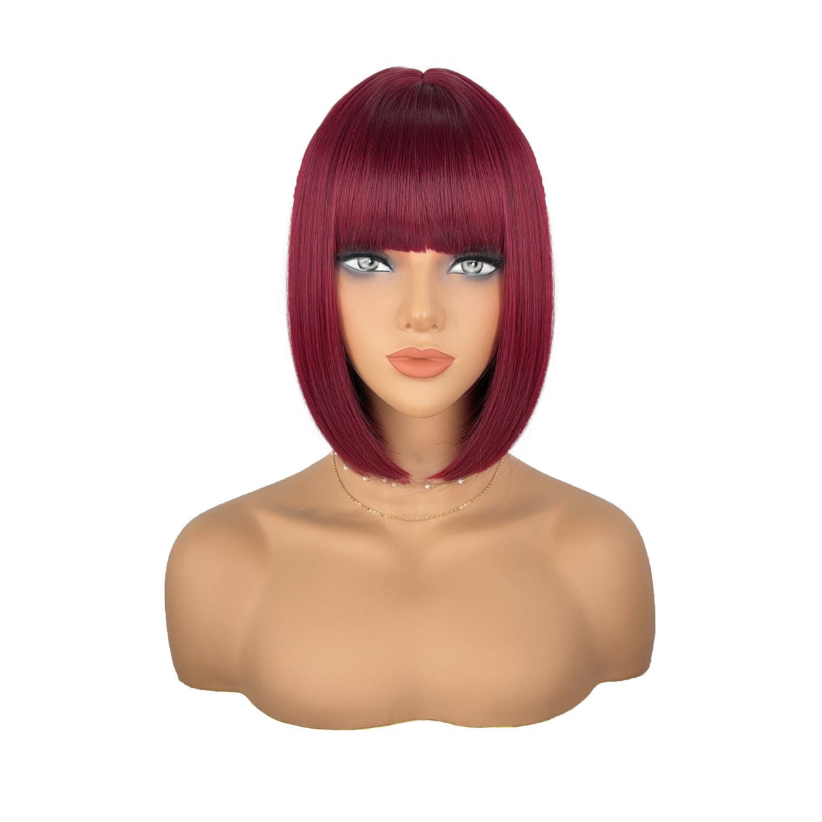 Short burgundy bob wig with bangs on mannequin – front view