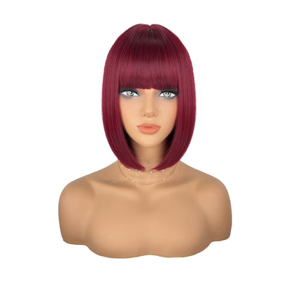 Short burgundy bob wig with bangs on mannequin – front view